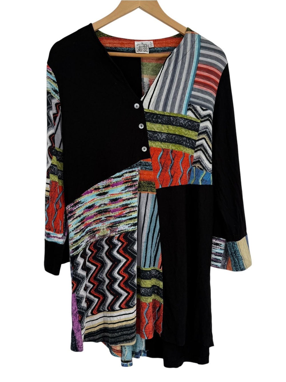 Parsley & Sage Top Women Size L Abstract V-Neck Pullover Art-to-wear Black Tunic